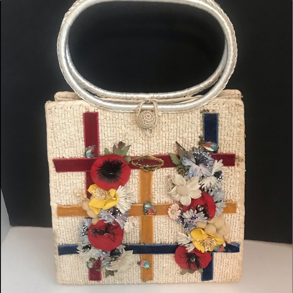 Vintage Straw Floral Purse Bag